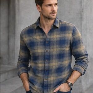 NEW Outerknown M 100% Organic Cotton Blue and Tan Plaid Men's Shirt